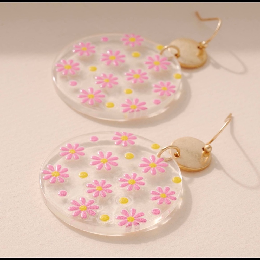 Clear & Pink floral dangling earrings
